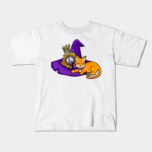 Orange Cat on a Witch Hat (yellow) Kids T-Shirt